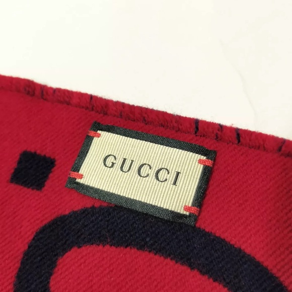 Auth Gucci GG Jacquard Navy Blue Red Wool Silk Scarf Wrap Stole On Sale Now - Picture 10 of 11
